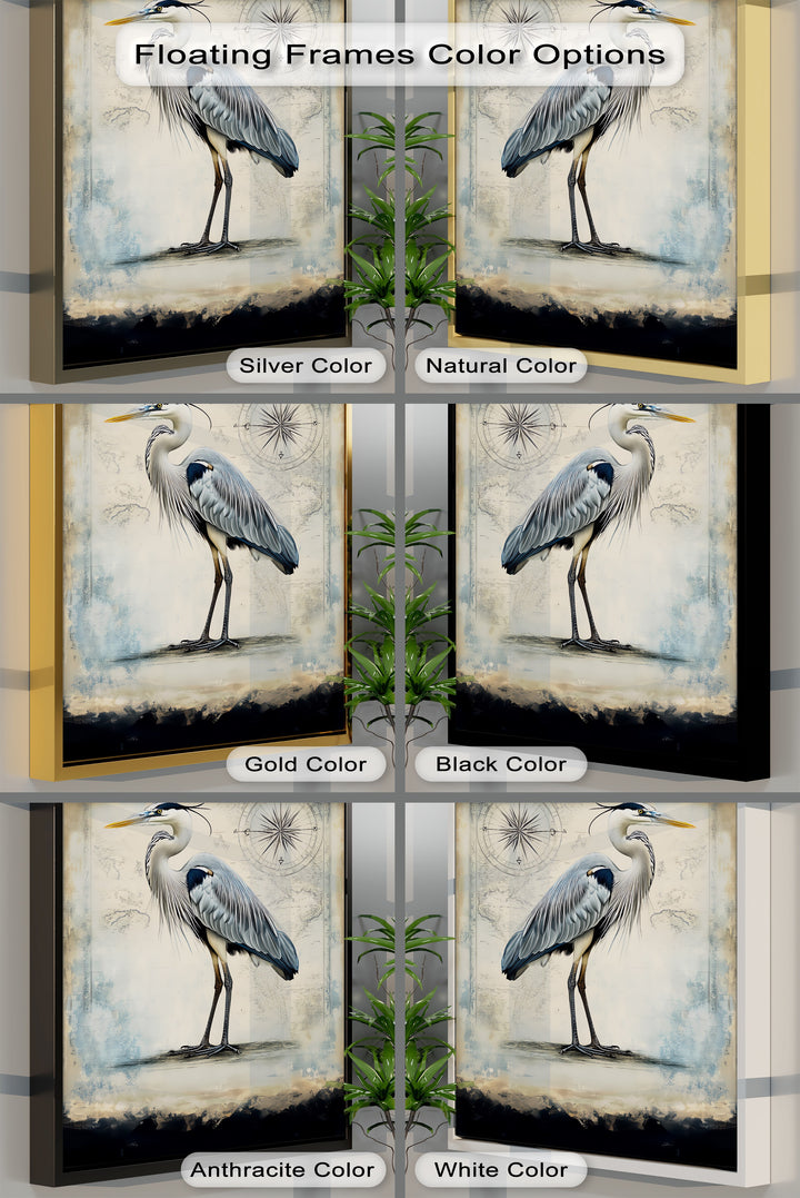 Navigational Heron – Vintage Map Inspired Bird Canvas Print