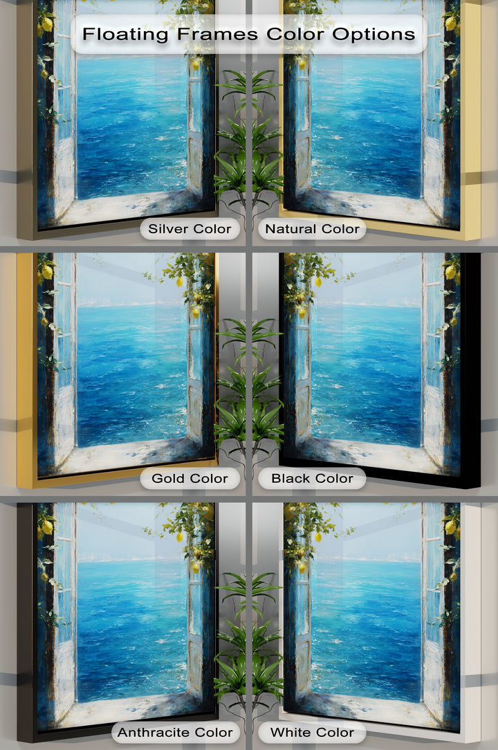 Calm mood radiating from this Mediterranean scene, showcased as a framed canvas print with bright coastal sea views and elegant lemon tree branches.