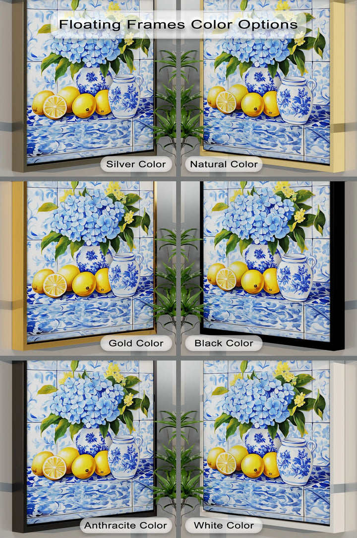 Lemon & Hydrangea Harmony – Blue Tile Floral Kitchen Canvas Print - MyPhotoStation