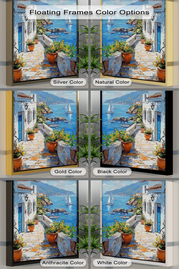 Mediterranean Stroll – Seaside Village Path with Blue Door Canvas Print - MyPhotoStation