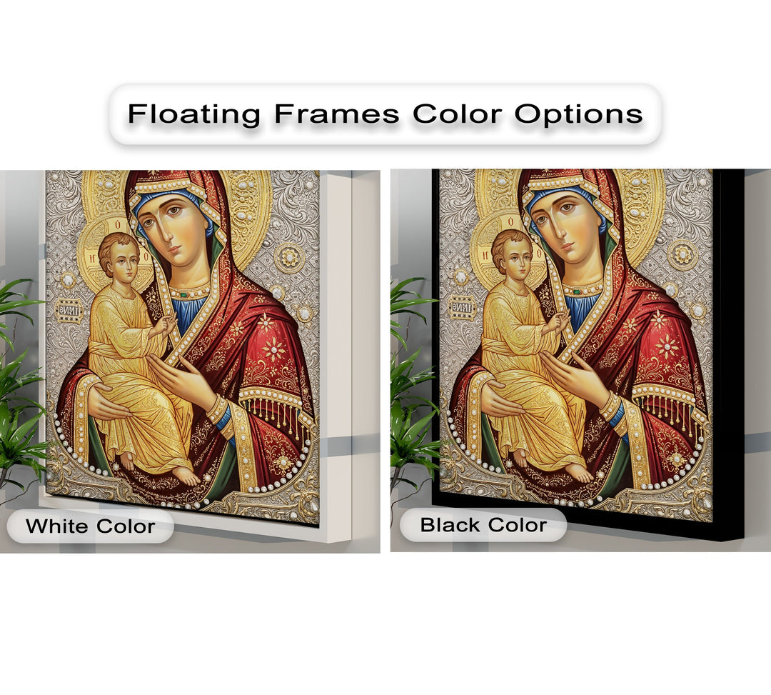 Vertically oriented rectangular Virgin Mary and Child canvas artwork pieces are displayed in white and black floating frames.