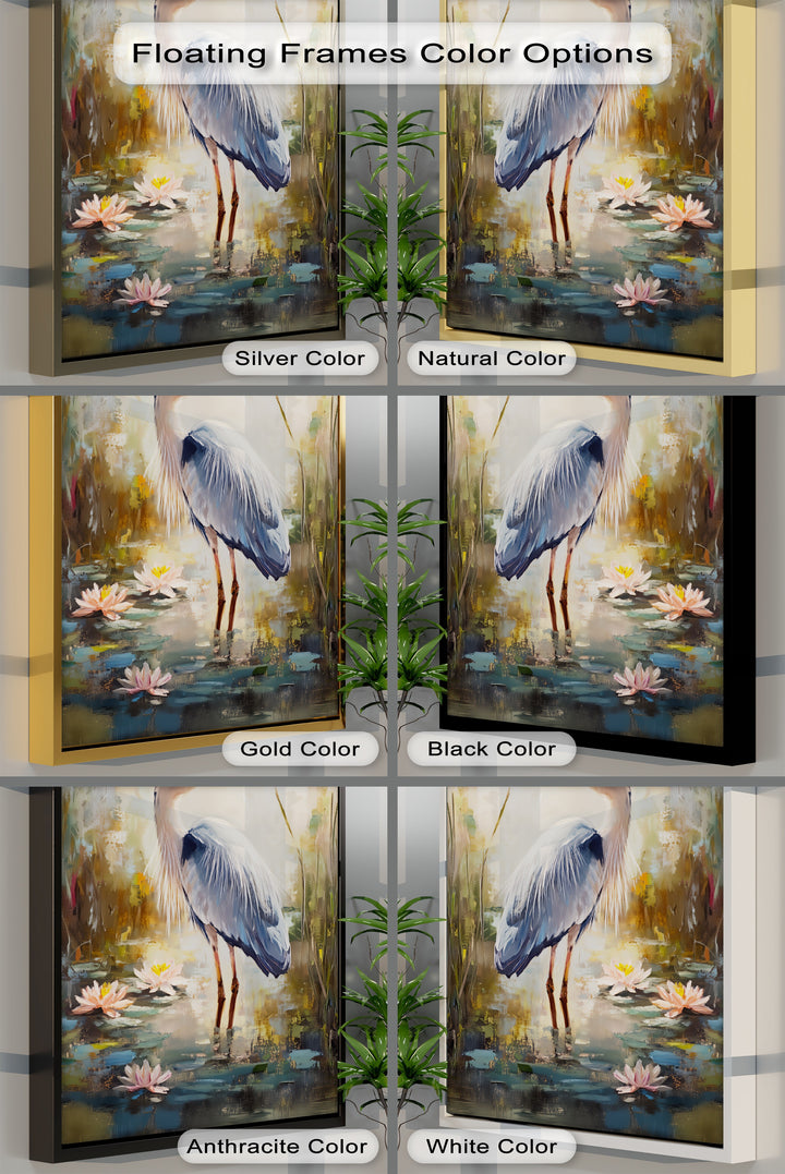 Graceful Heron Among Lilies – Serene Wildlife Canvas Print