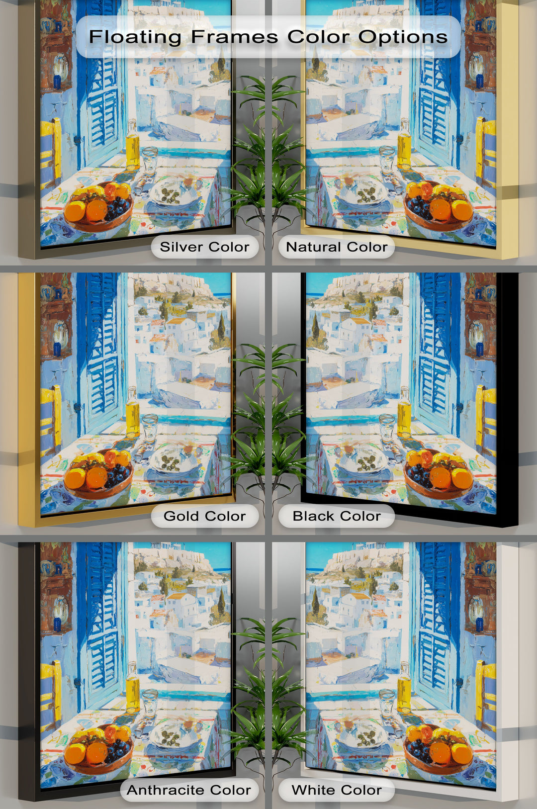 Sunlight floods the Greek window view in this Mediterranean Santorini landscape, a stunning piece of canvas wall decor emphasizing the sun-drenched vista.