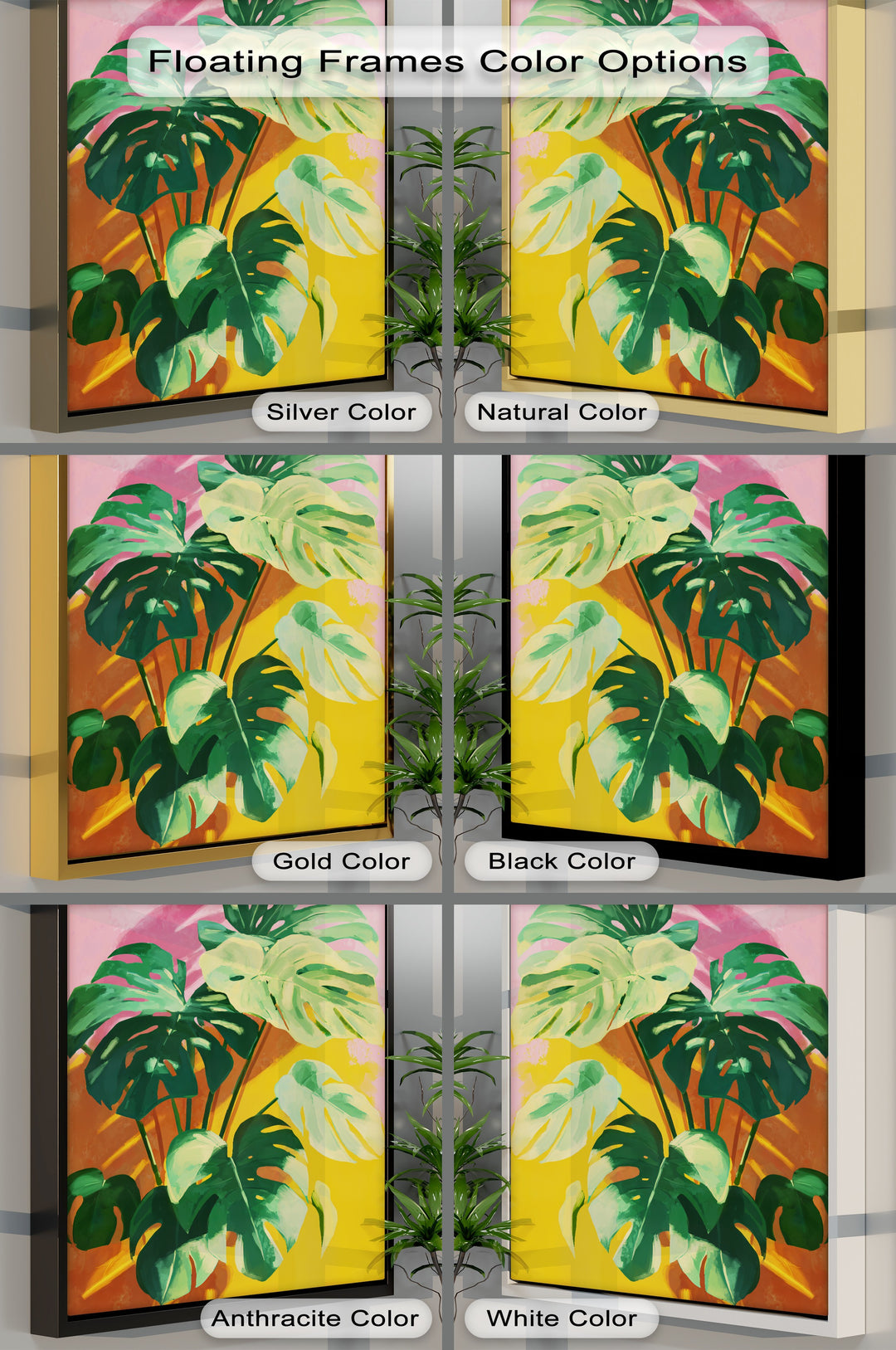 Vertical, rectangular tropical monstera leaves canvas painting print displays frame color options for vibrant botanical wall art.