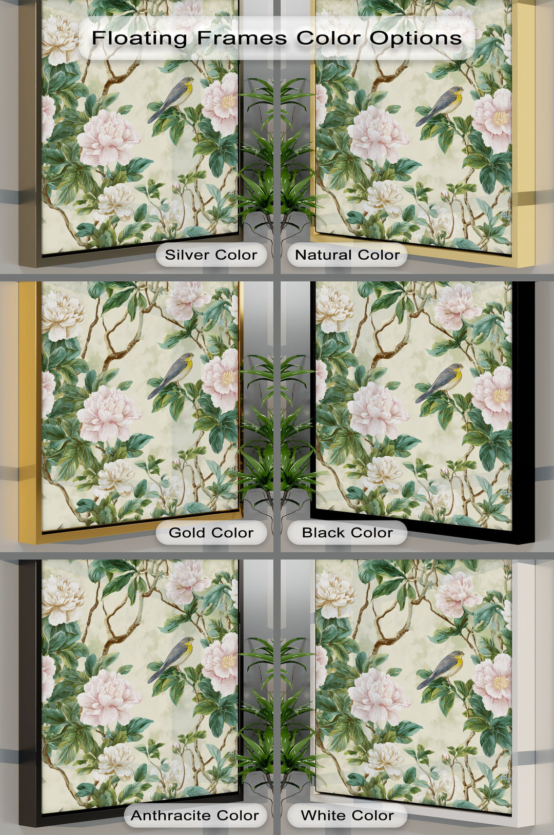 Peony Flowers and Bird - Botanical Canvas Wall Art | Framed Art
