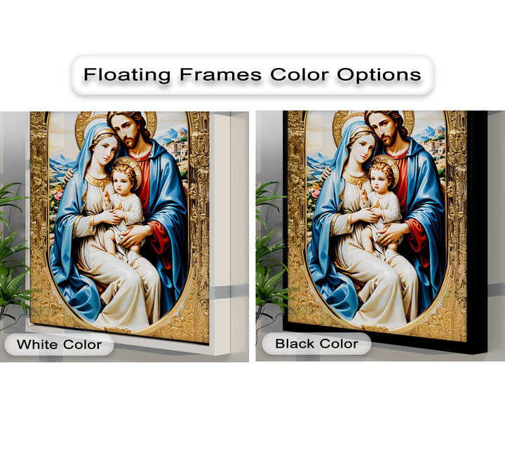 The Holy Family canvas art is showcased with elegant contrasting finishes, featuring both sleek white and bold black floating frames.