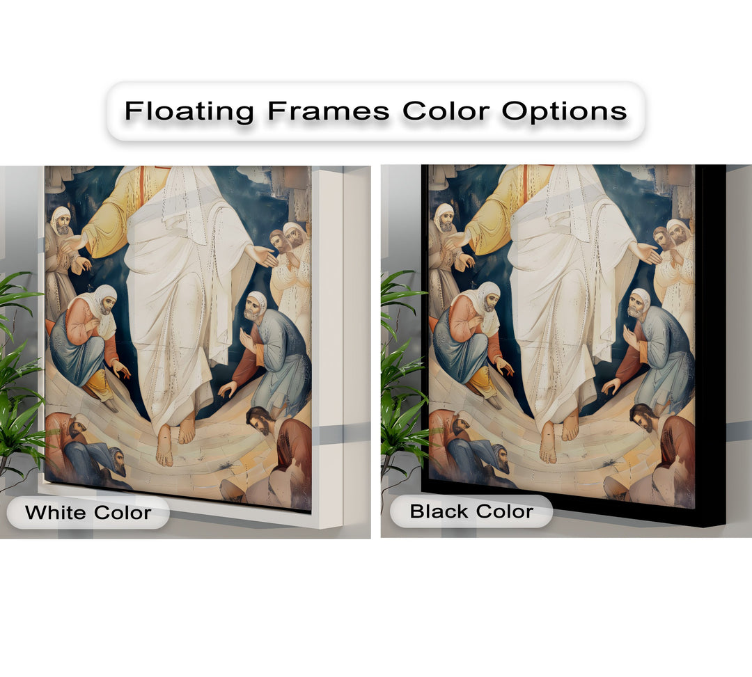 The layered Resurrection of Christ hanging canvas displays sacred figures with implied depth, featuring contrasting white and black floating frames.