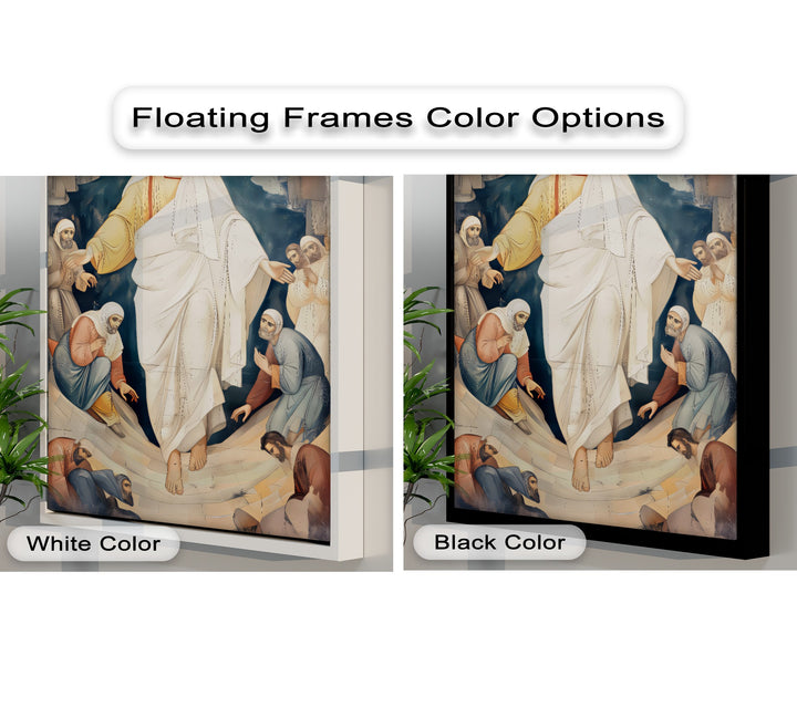 The layered Resurrection of Christ hanging canvas displays sacred figures with implied depth, featuring contrasting white and black floating frames.