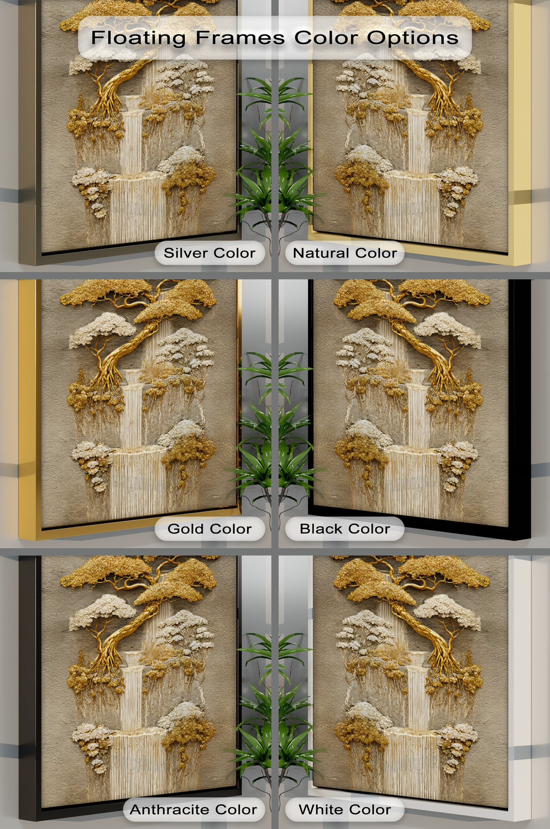 Golden Harmony – Layered Bonsai Trees and Waterfall Canvas Print