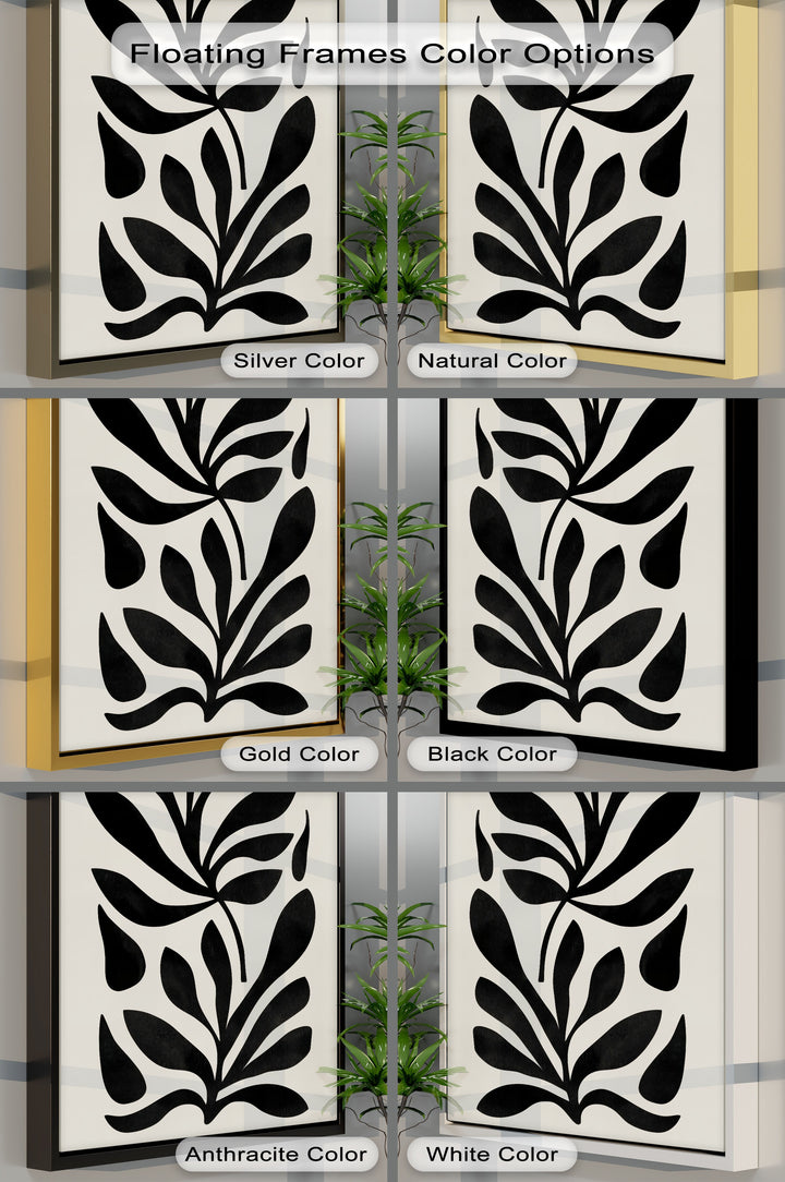 The brightest area highlights the minimalist black botanical canvas wall art, showcasing the abstract leaf design in a variety of frame color options.