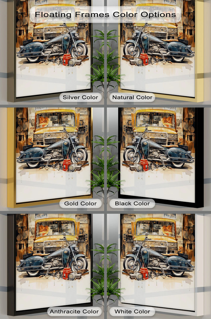 Garage Time – Classic Motorcycle and Vintage Truck Canvas Print - MyPhotoStation