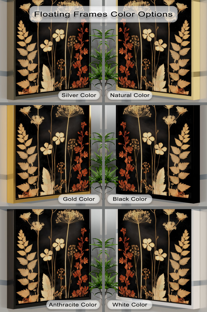High color contrast in the dark floral nature canvas art highlights the elegant botanical silhouette, showcasing the various frame options for stylish canvas art.