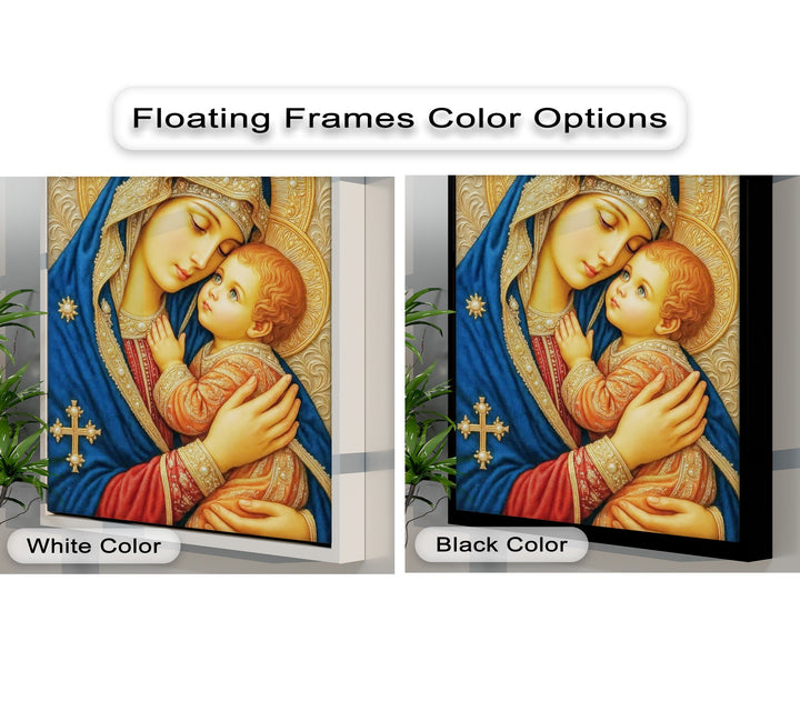 Two vertical rectangular canvas wall decor options present the Madonna and Child, one in a white frame, the other in a black frame.
