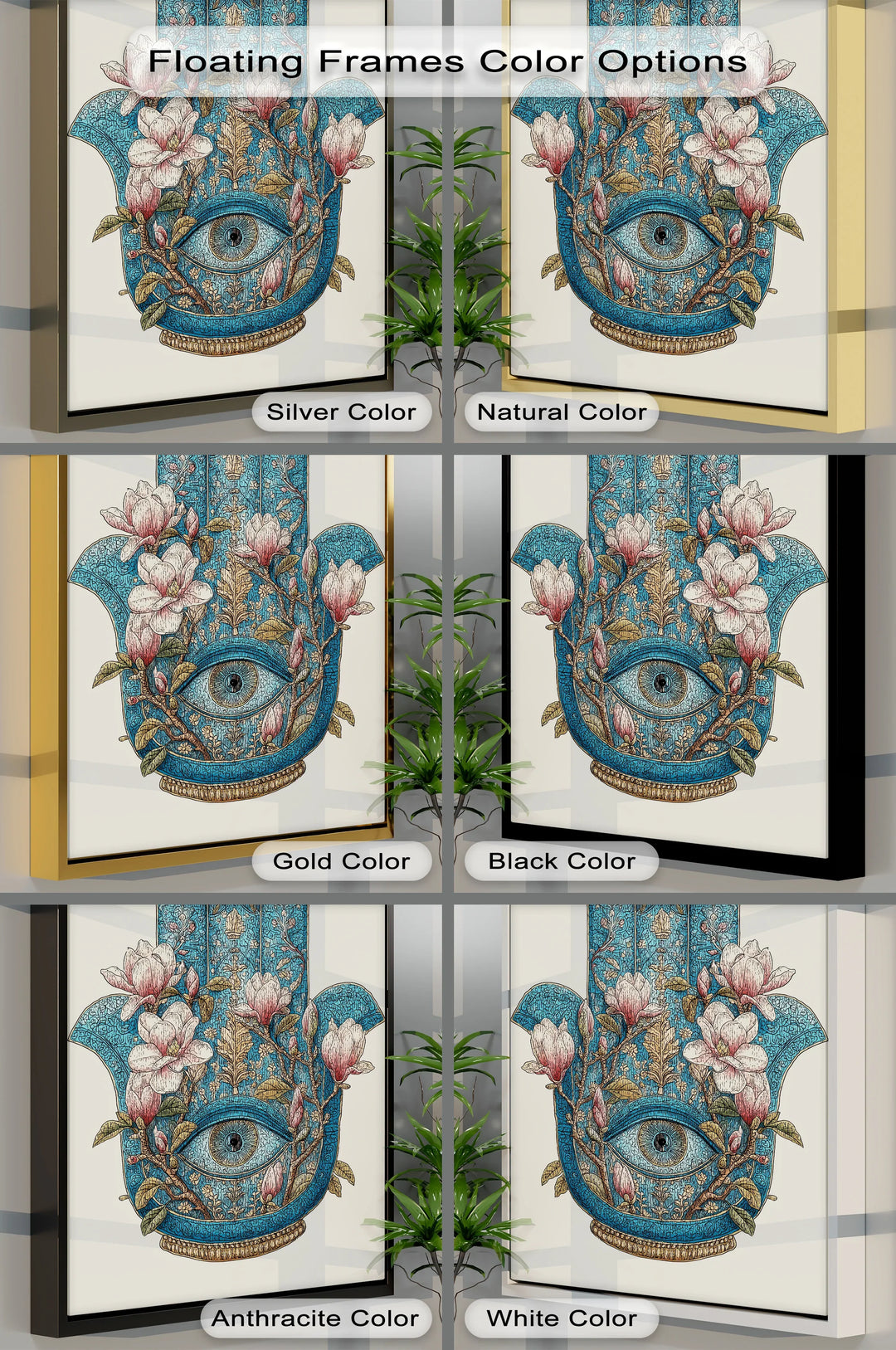 Sacred Hamsa Bloom – Blue Floral Hand with Eye Canvas Print - MyPhotoStation