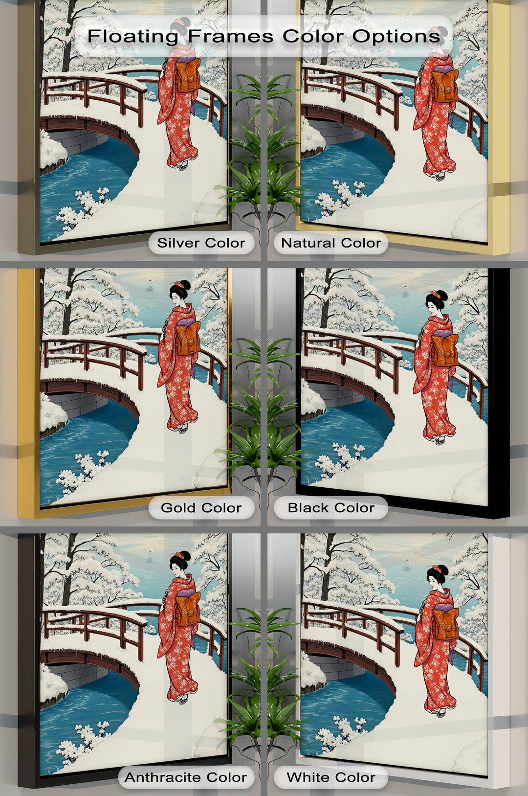 Snowy Bridge Serenity – Japanese Geisha Winter Canvas Print | Framed Art