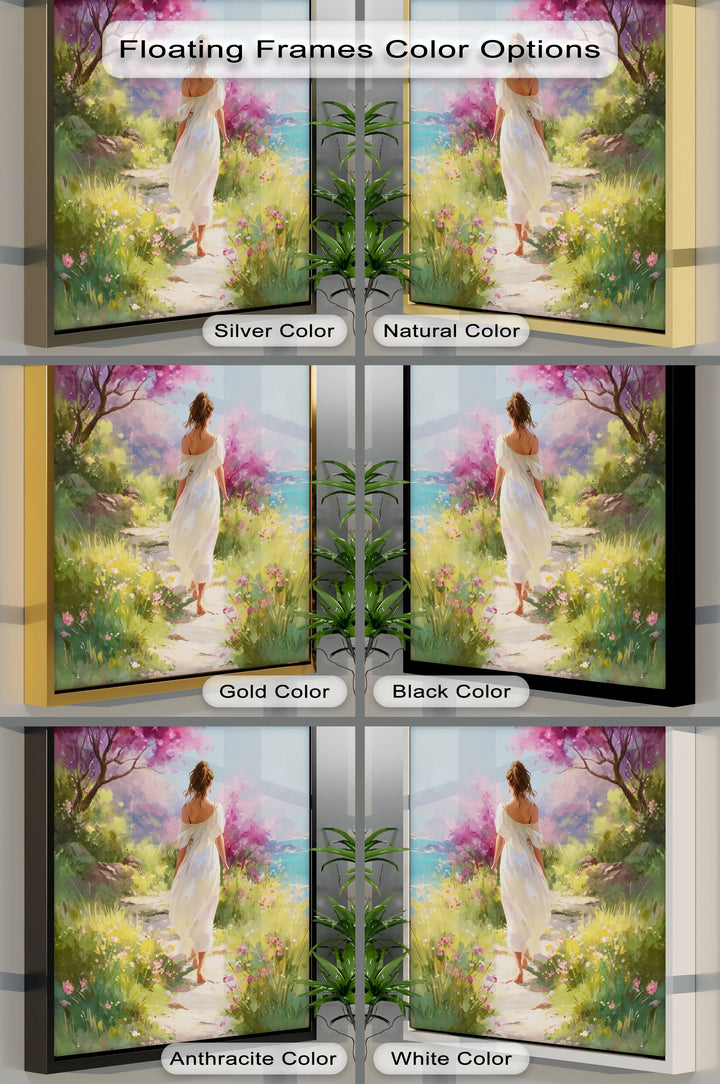 Moonlit Garden Stroll – Romantic Woman in Blossoming Landscape Canvas Print - MyPhotoStation