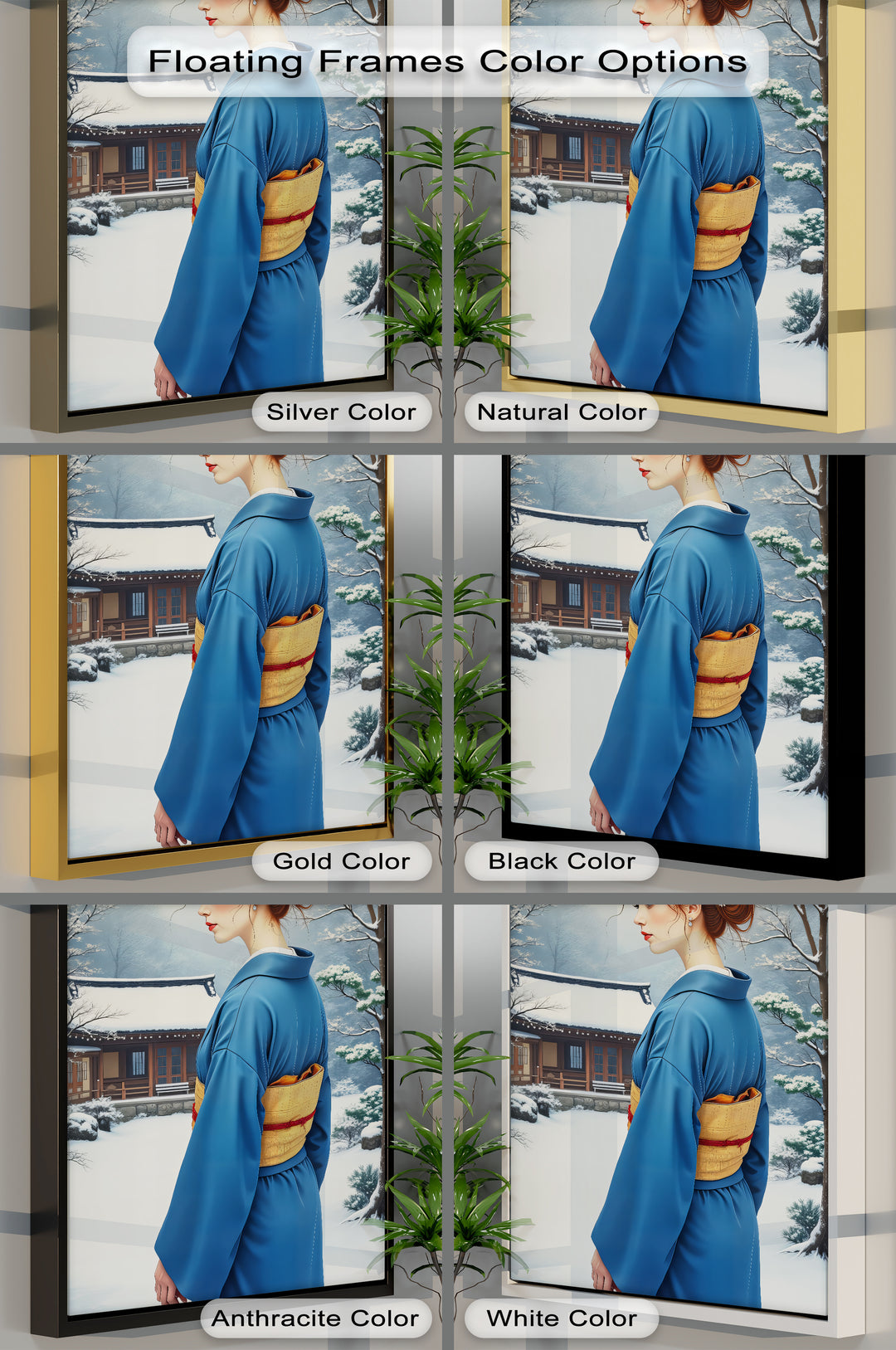 Winter Serenity – Japanese Woman in Blue Kimono Canvas Print | Framed Art