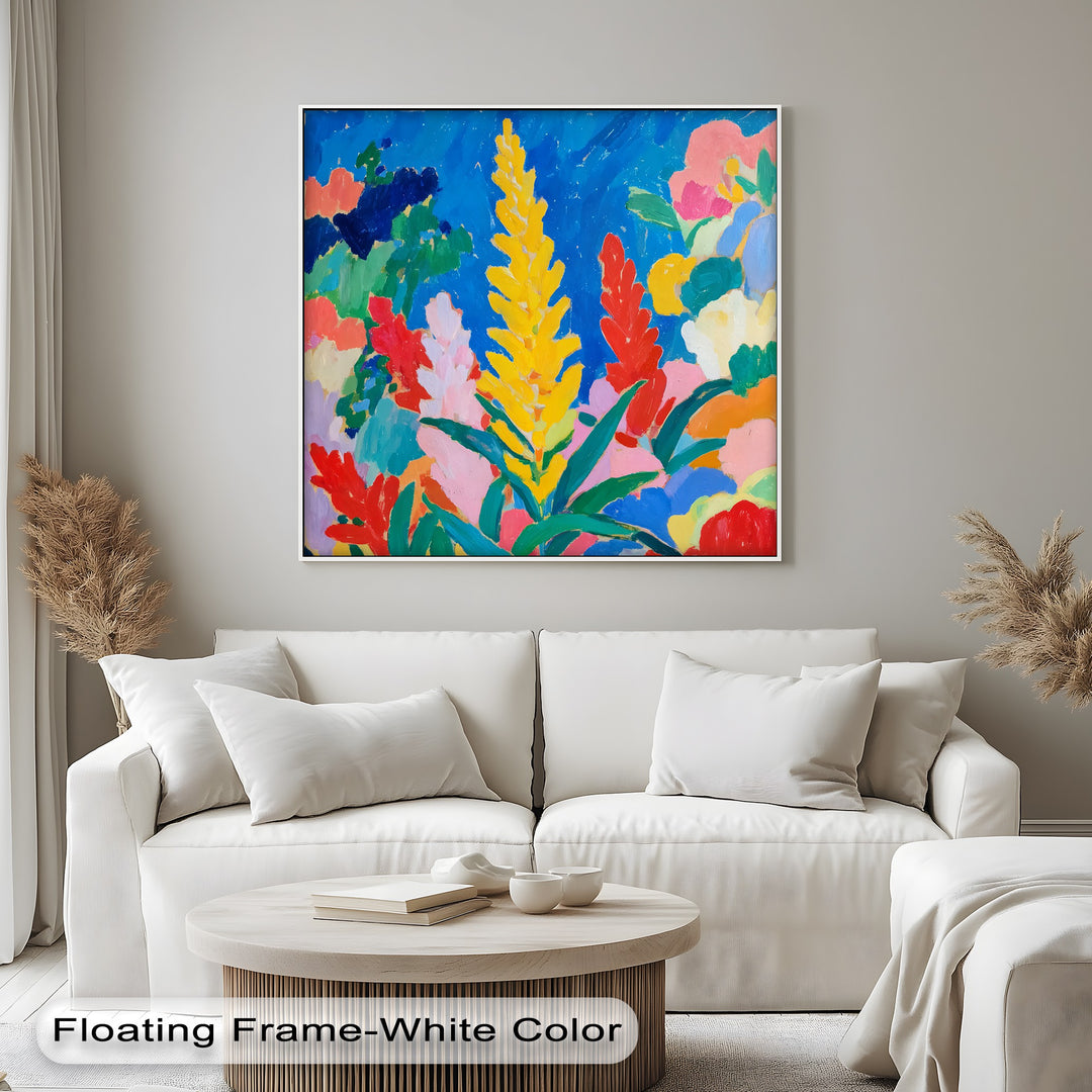 Observing the transition between colors, this vibrant Fauvist flower hanging canvas showcases a colorful abstract garden with bold transitions from a central yellow to surrounding reds and blues.