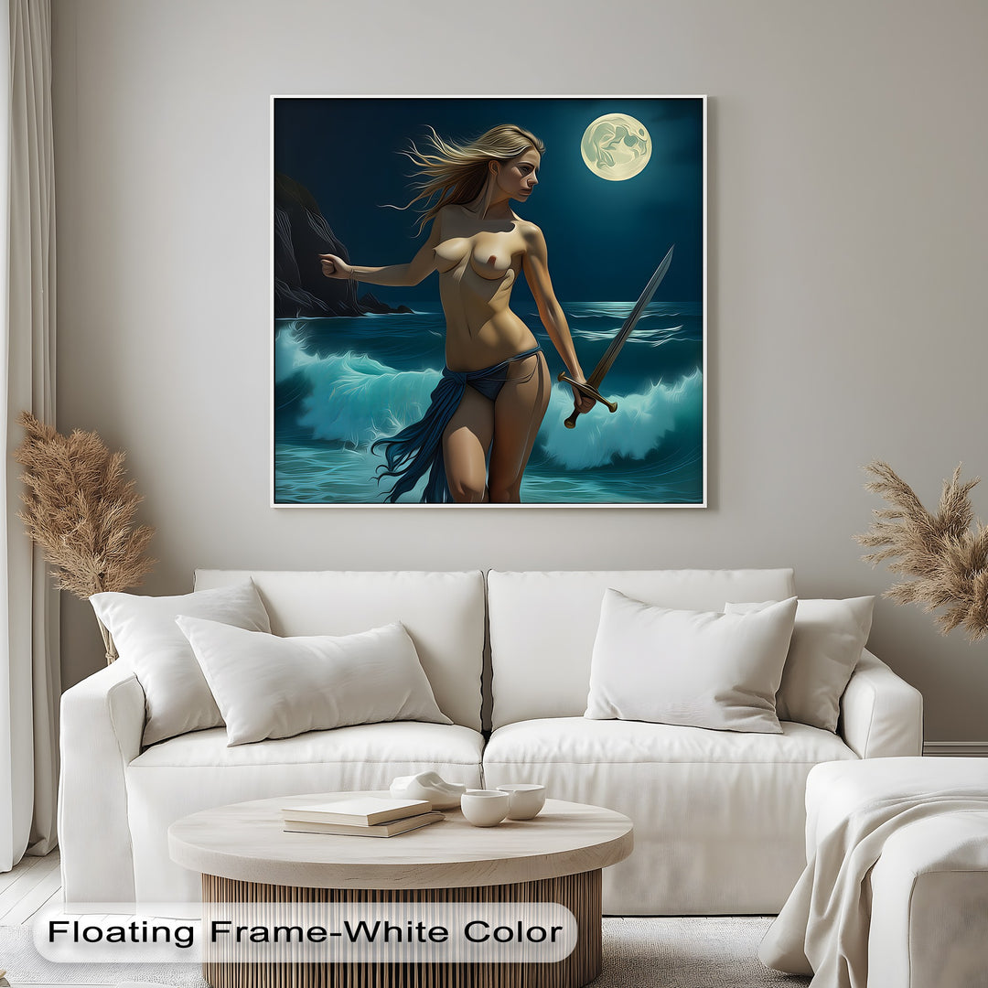 Moonlit Warrior – Sword-Wielding Nude Canvas Wall Art | Abstract Art