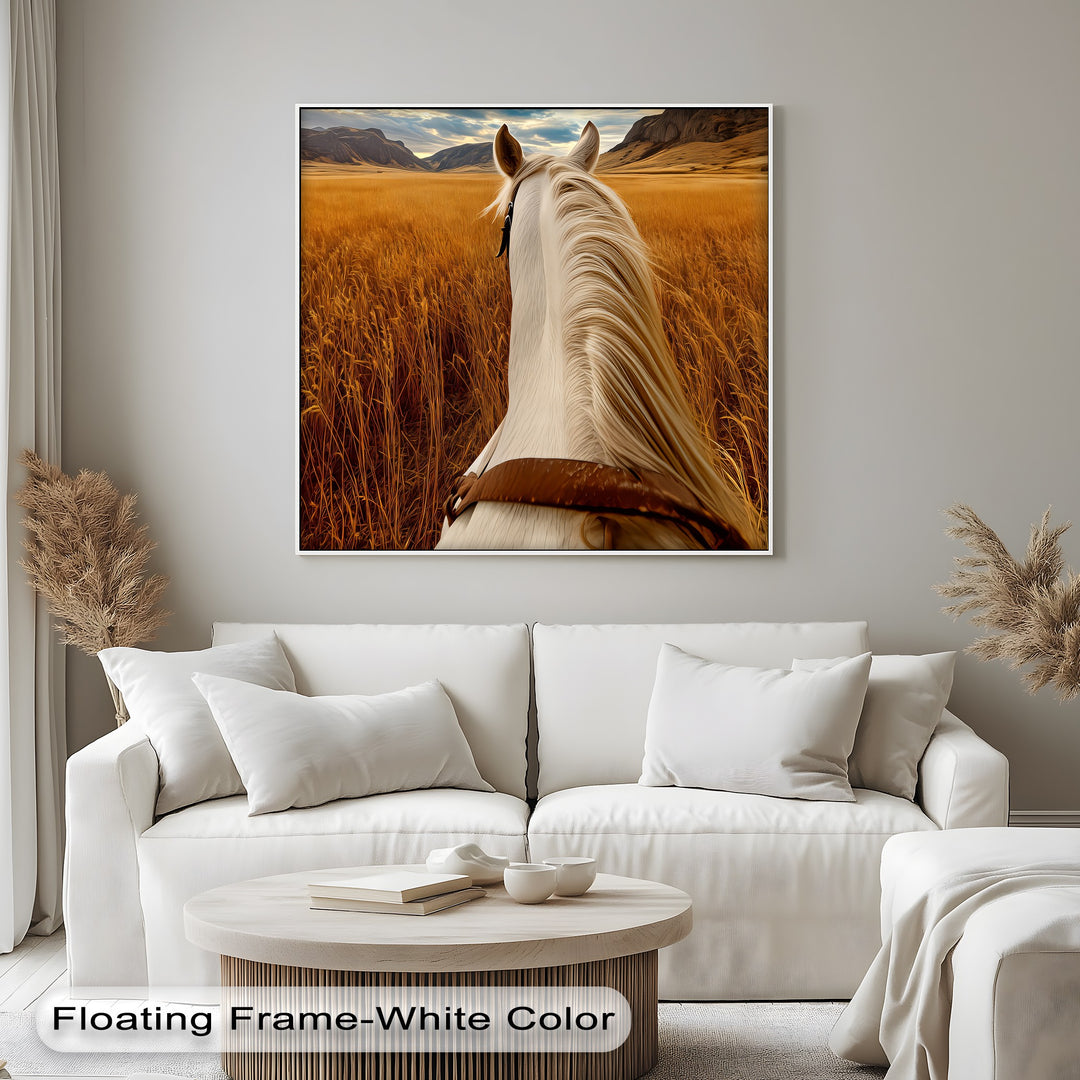 White Horse Overlooking a Golden Field - Horse Canvas Print