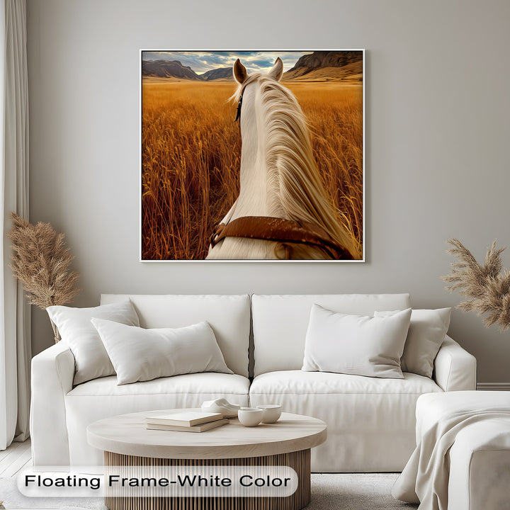 White Horse Overlooking a Golden Field - Horse Canvas Print