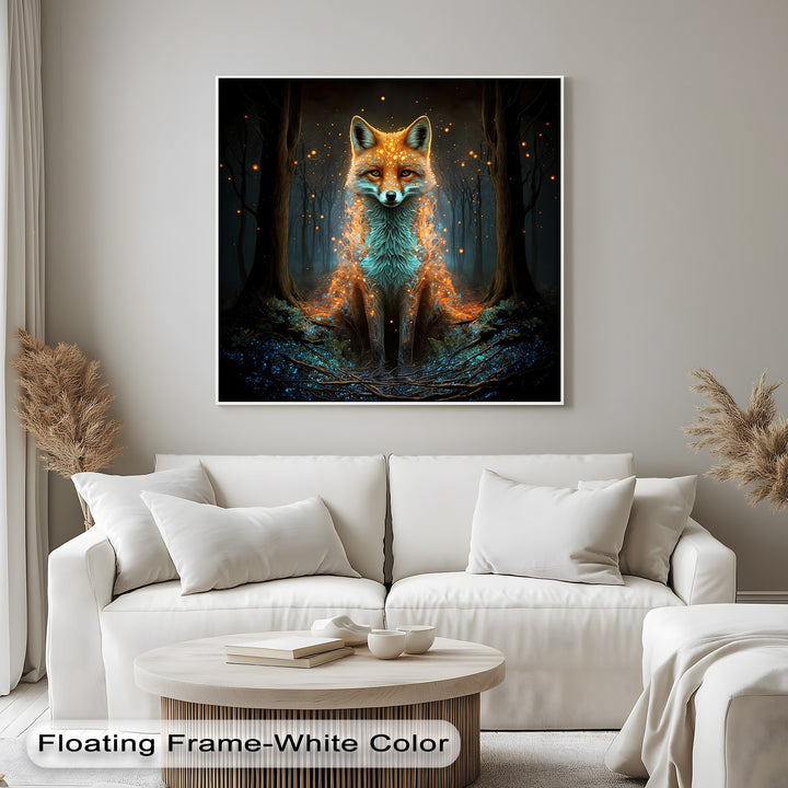 Capturing depth and layers, these Mystic Fox canvas pictures show a glowing fox in an enchanted forest with blue and orange lights.