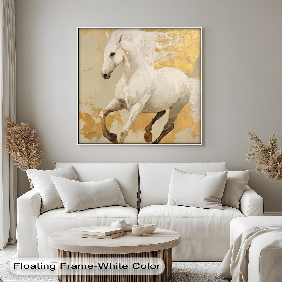 Celestial Charge – Golden White Horse Fantasy Canvas Print