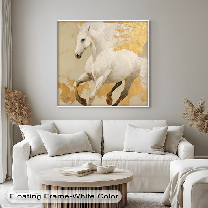 Celestial Charge – Golden White Horse Fantasy Canvas Print
