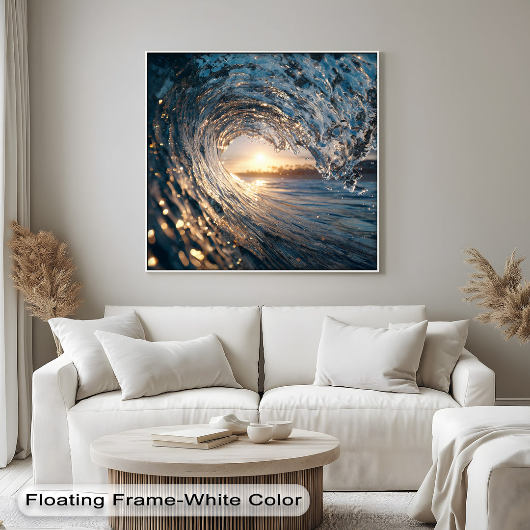 Radiant golden and deep blue hues dominate this ocean wave canvas wall decor, depicting a dramatic curling sunset seascape.