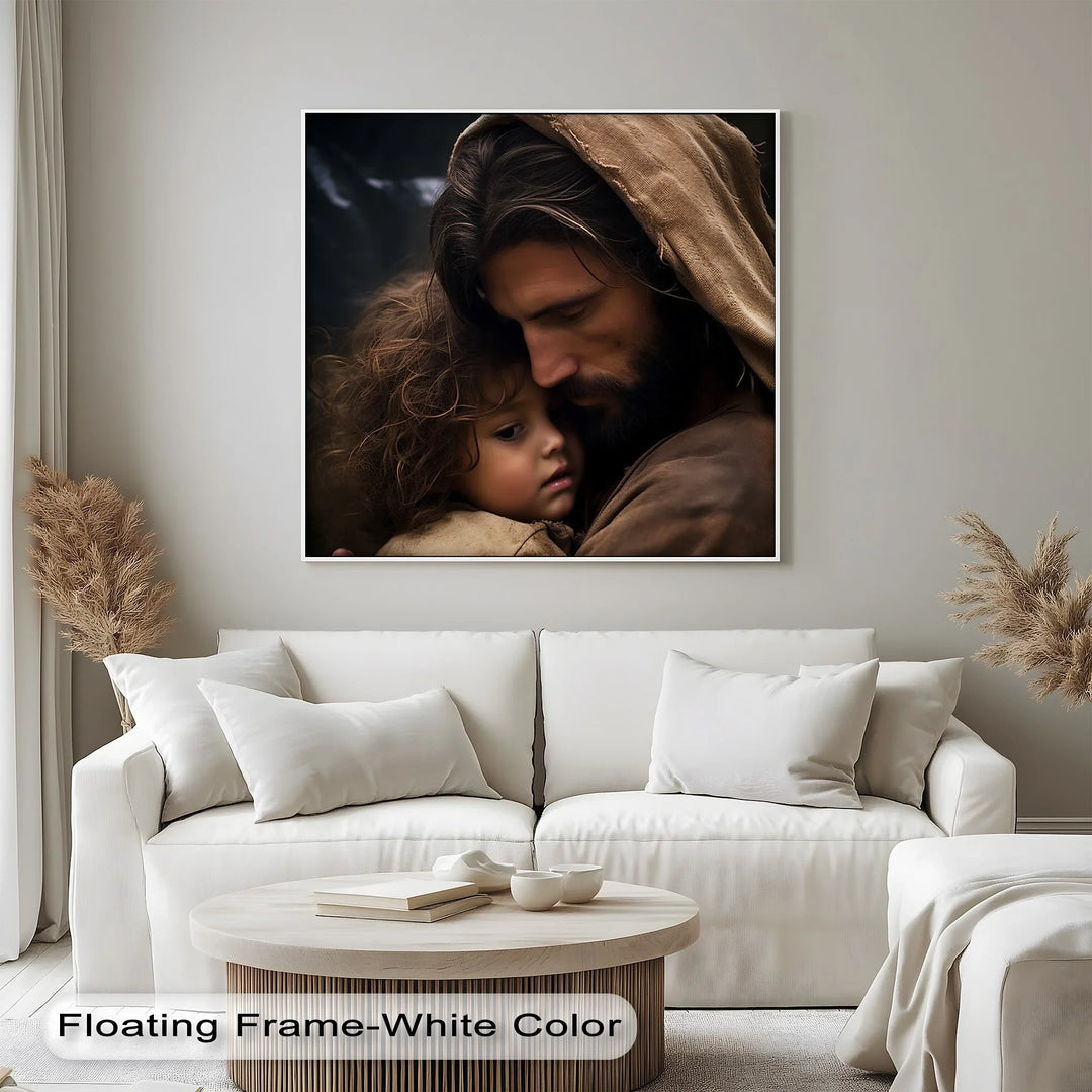 Bring peace and emotion to your walls with this moving canvas painting of holy comfort.


