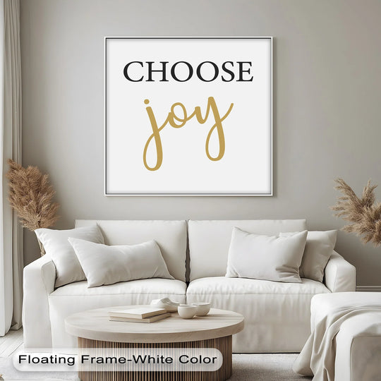 Featuring a crisp white edge and clean borders, this 'Choose Joy' minimalist Christian canvas wall art print brings a touch of simple elegance.
