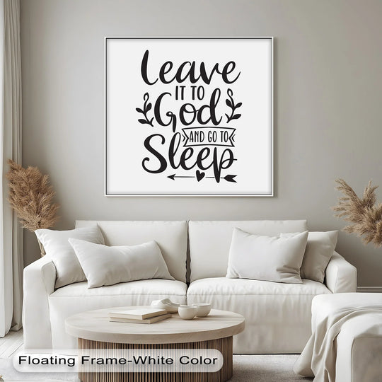 Square hanging canvas features an inspirational 'Leave it to God and Go to Sleep' message, oriented to provide a peaceful Christian décor.