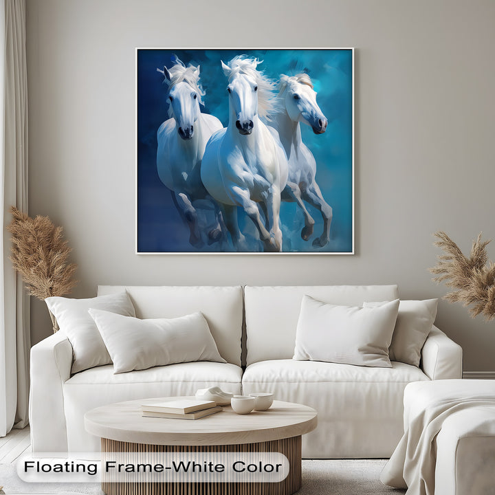 Galloping Spirits – Trio of White Horses in Motion Canvas Print