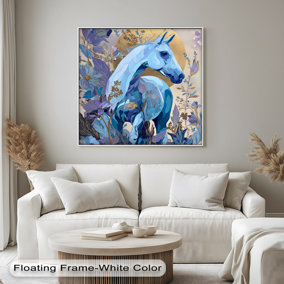 Celestial Bloom – Blue Horse in Golden Floral Fantasy Canvas Print