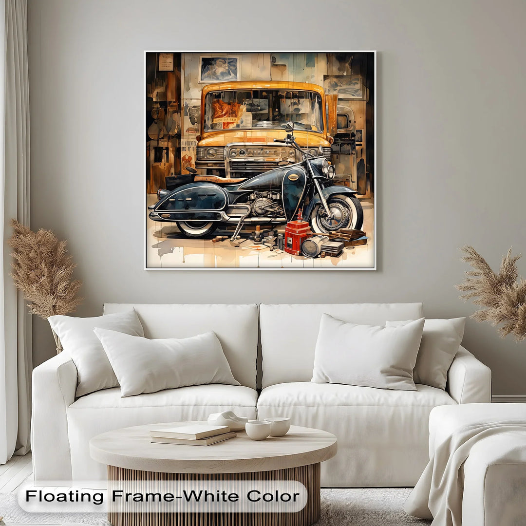 Garage Time – Classic Motorcycle and Vintage Truck Canvas Print - MyPhotoStation