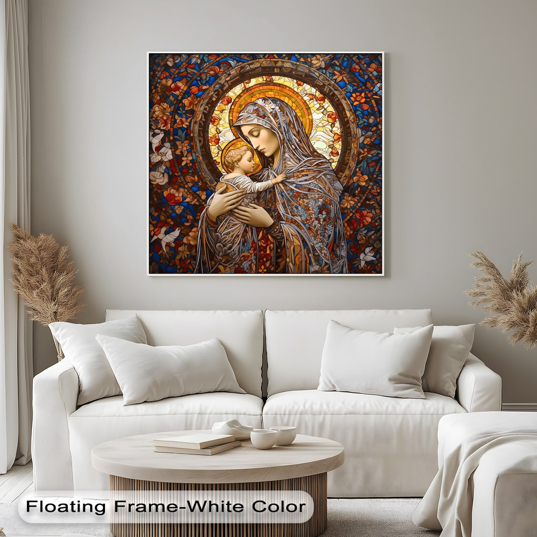 The intensely vibrant color saturation of this Stained Glass Madonna canvas painting depicts the Virgin Mary and Child.