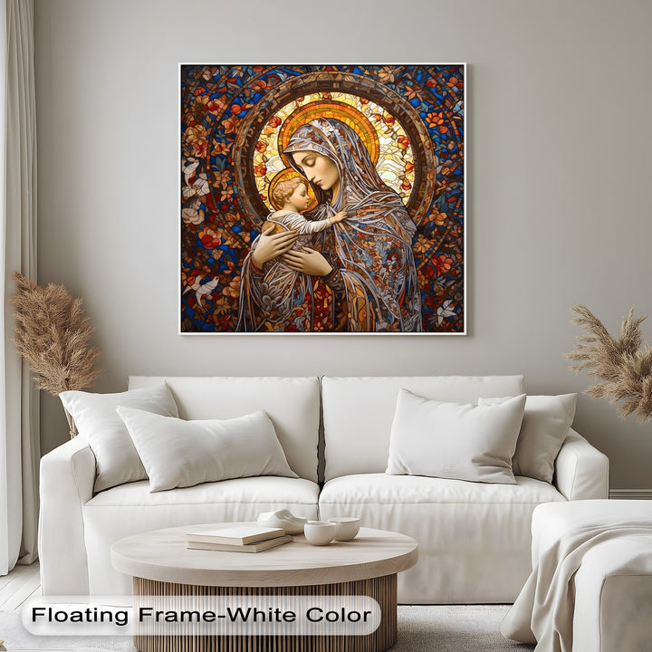 The intensely vibrant color saturation of this Stained Glass Madonna canvas painting depicts the Virgin Mary and Child.