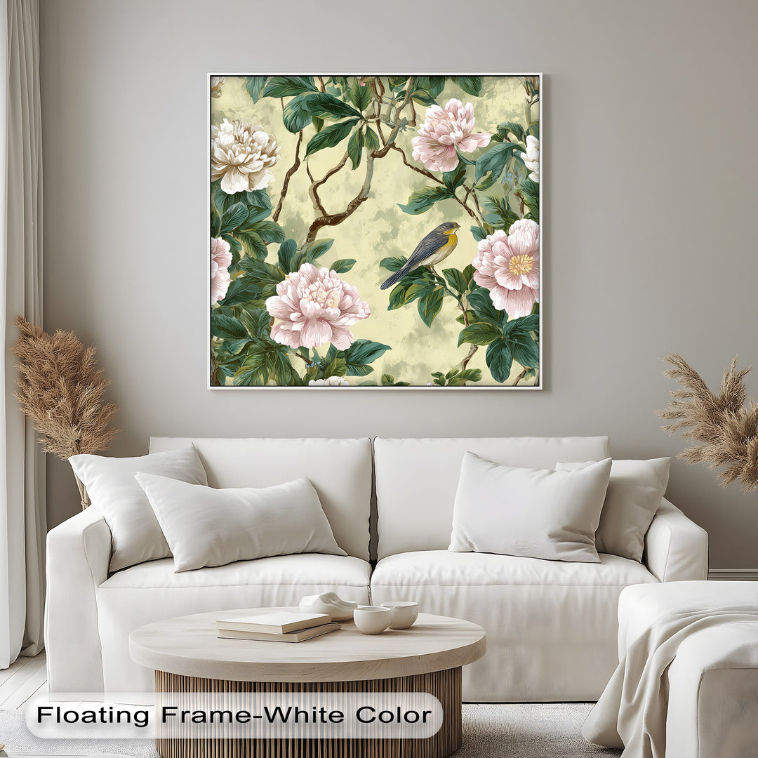 Peony Flowers and Bird - Botanical Canvas Wall Art | Framed Art
