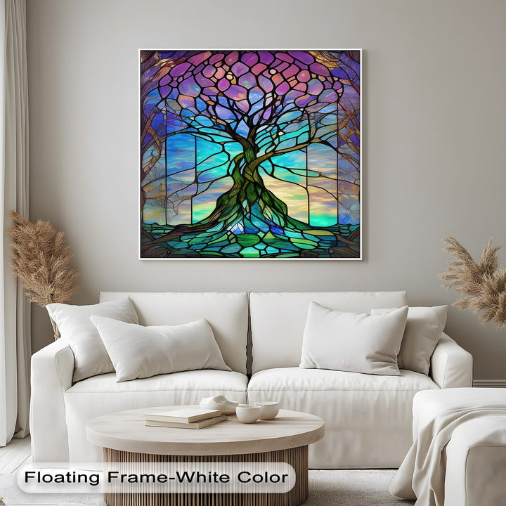 The smooth transition from brilliant purple to deep green and serene turquoise creates this majestic stained glass tree big canvas prints.