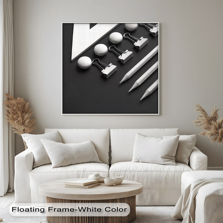 Monochrome Minimalism – Black and White Office Supplies Canvas Prints