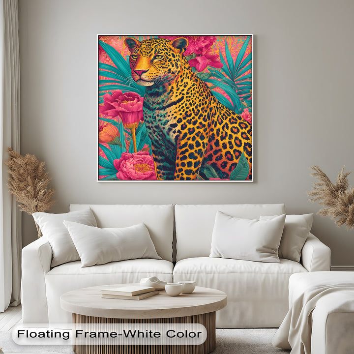 Regal Jungle Majesty – Vibrant Leopard in Floral Canvas Print