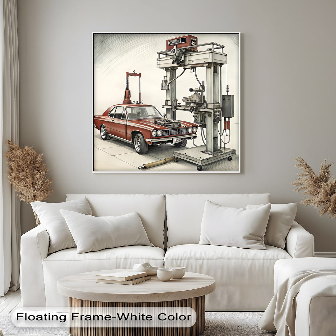 Retro Muscle Car in Workshop - Car Canvas Print