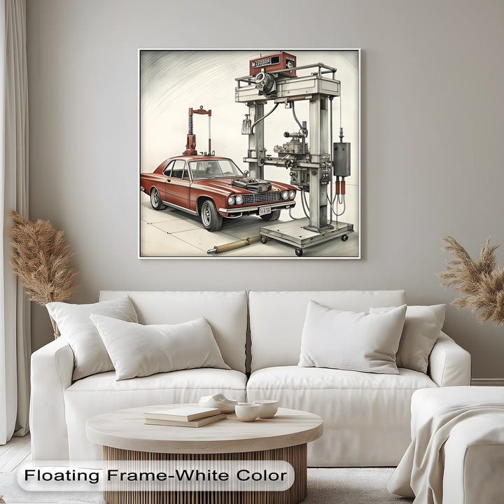 Retro Muscle Car in Workshop - Car Canvas Print