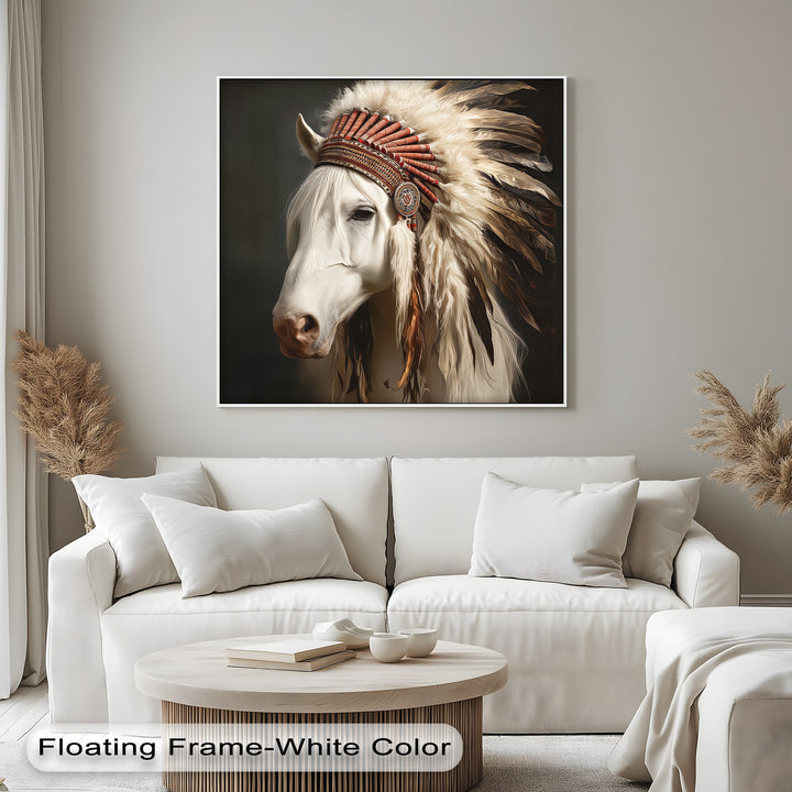 White Horse with Feathered Headdress - Horse Canvas Print
