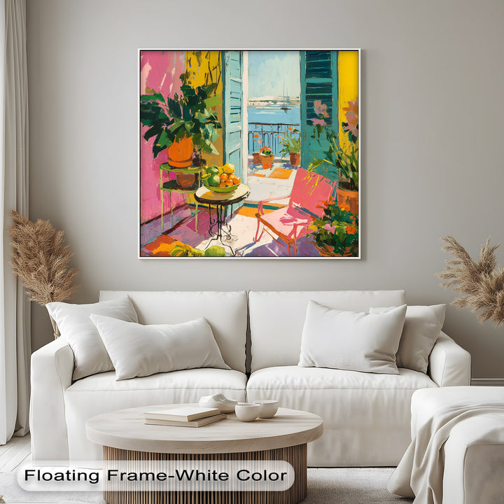 Subtle hues transition smoothly on this Mediterranean balcony coastal interior art canvas wall art, showcasing vibrant pinks, yellows, and blues in an eye-catching design.