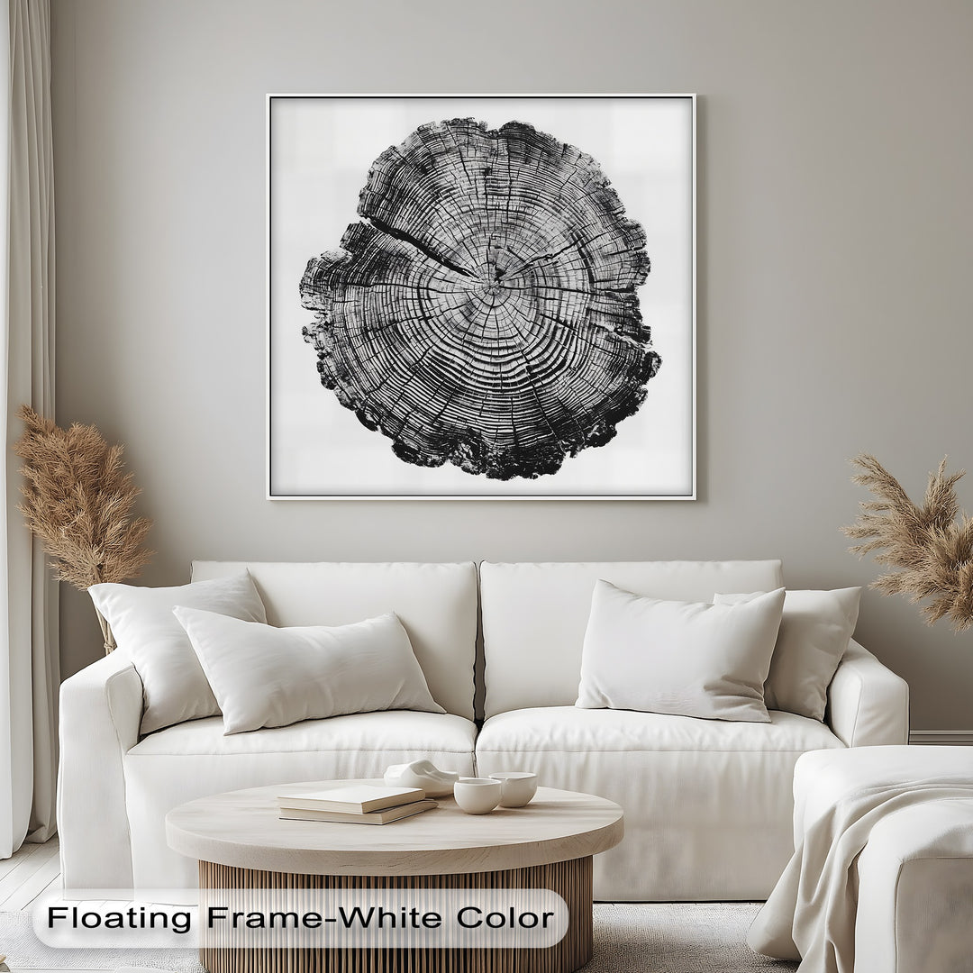 Subtle tonal shifts define the elegant monochrome of this tree ring canvas art, a minimalist wood grain canvas print showcasing the nuanced transition between colors.
