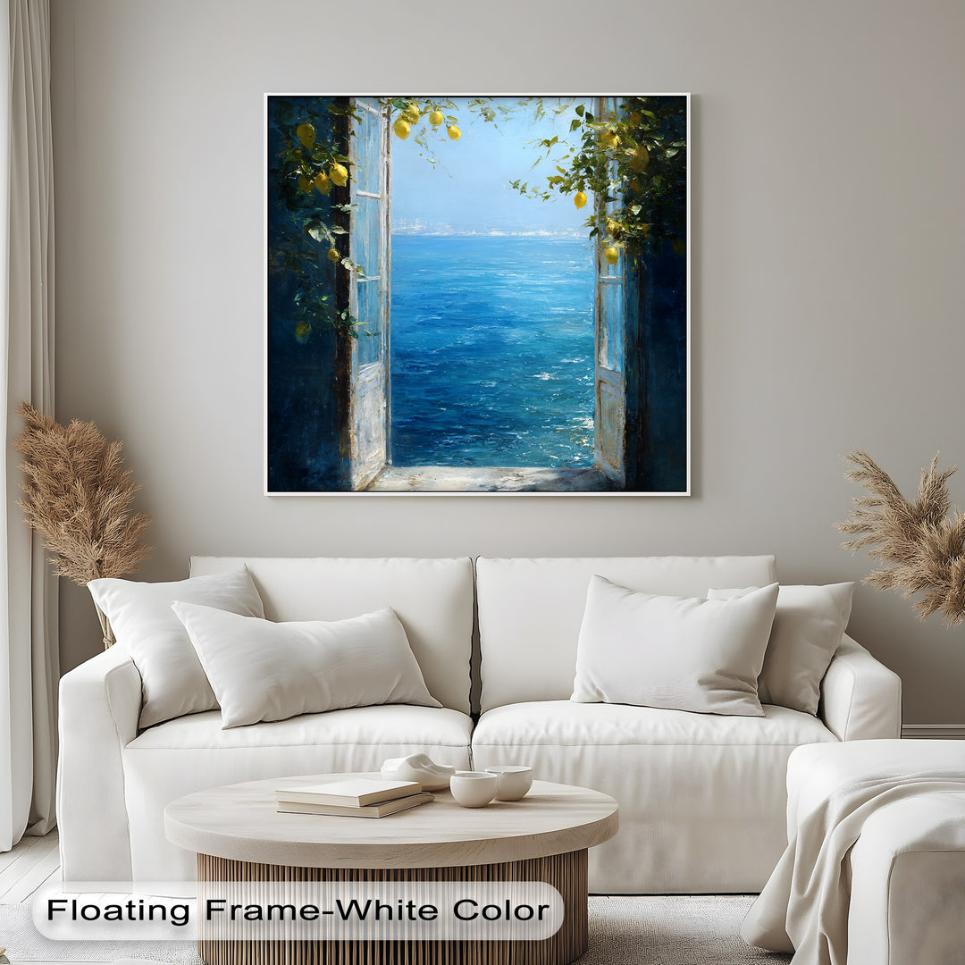 In the background, the azure horizon meets the glittering turquoise sea in this Mediterranean Lemon Window canvas art print.