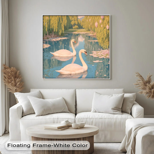 Subtle light and shadow accentuates the serene beauty of the swans and lily pond, enhancing the depth of this high quality canvas prints depicting nature's peaceful animal scene.