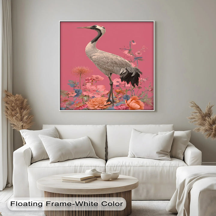 Elegant Crane Among Blossoms – Nature-Inspired Bird Canvas Print - MyPhotoStation