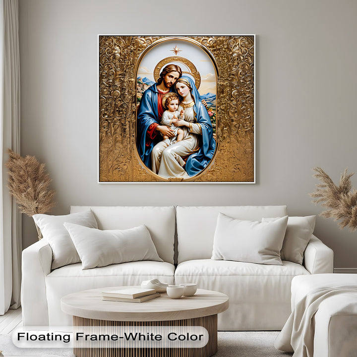 The Holy Family big canvas prints are showcased with an elegant white floating frame finish, enhancing the ornate gold religious artwork.